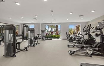 The gym is equipped with cardio equipment and weights